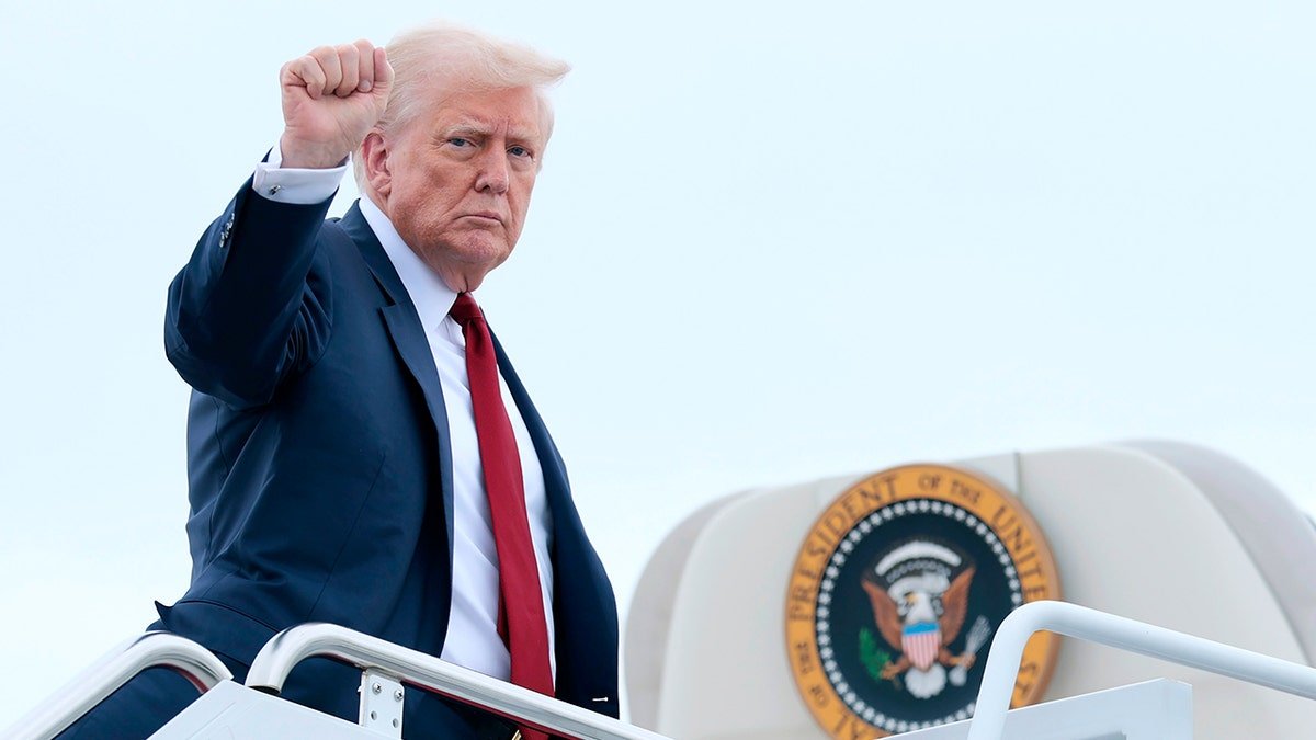 President Donald Trump holds up fist while walking onto Air Force One