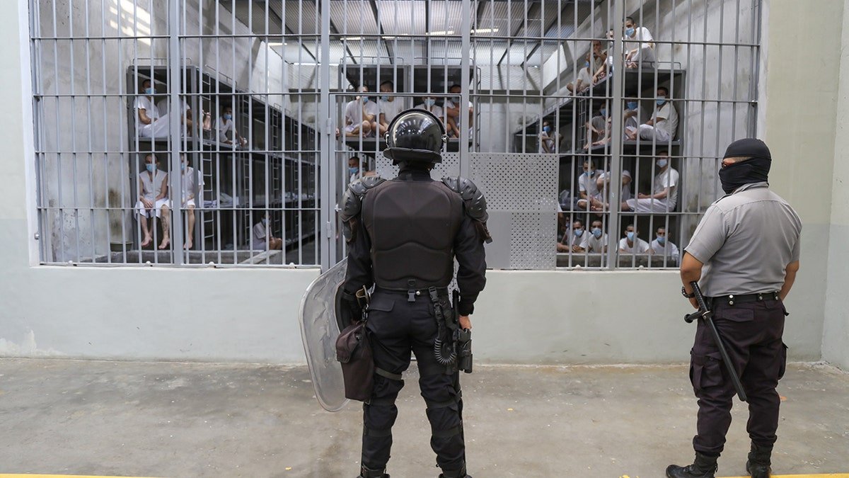 Prison officers stand guard at a cell block at a maximum security penitentiary in Tecoluca, San Vicente, El Salvador. Amid legal disputes, Trump's administration continues with its controversial, fast-paced deportation policy to El Salvador, as part of a partnership with President Bukele. (Photo by Alex Peña/Getty Images)