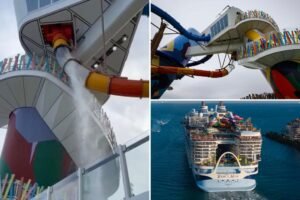 Frightened Royal Caribbean passengers scream as water slide glass suddenly shatters, injuring guest Frightened Royal Caribbean passengers scream as water slide glass suddenly shatters, injuring guest