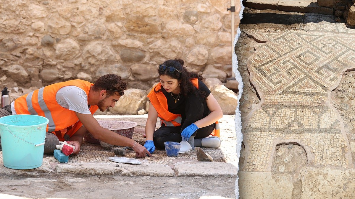 Split image of archaeologists working, mosaic