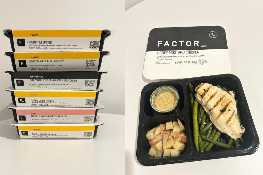 A side by side of Factor meals; one with boxes stacked, the other with a meal open.
