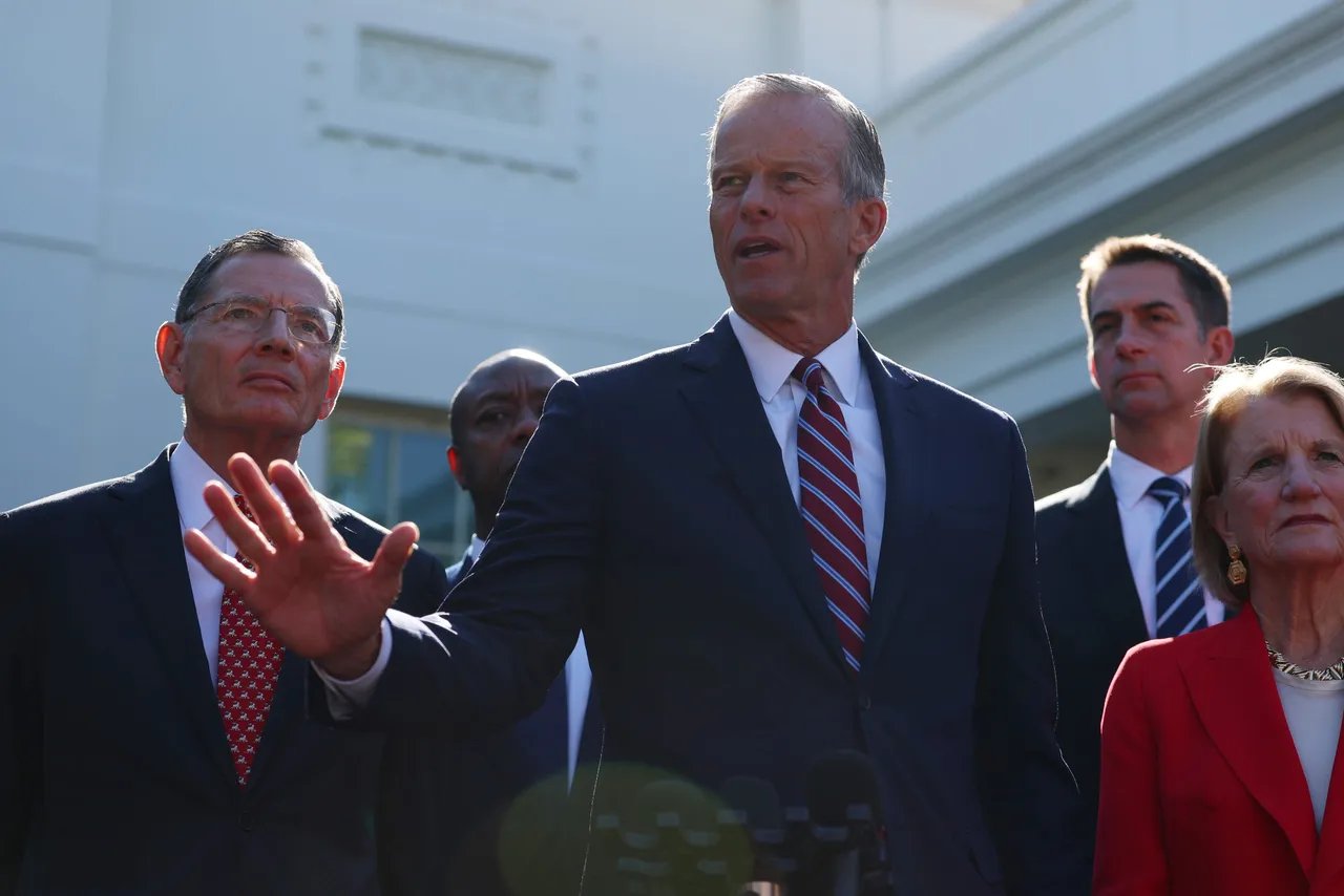 WASHINGTON, DC - OCTOBER 21: U.S. Senate Majority Leader John Thune (R-SD) speaks to reporters alongside Senate Republican Leadership outside of the West Wing of the White House on October 21, 2025 in Washington, DC. The senators attended a