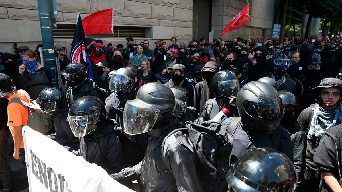 Antifa members protest in Portland
