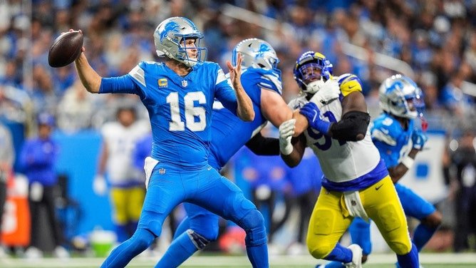 Lions QB Jared Goff makes a pass vs. the Los Angeles Rams at Ford Field in Detroit.