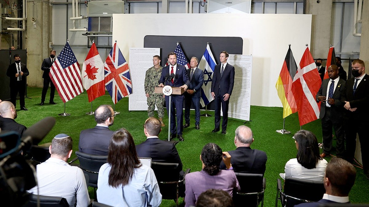 Vice President JD Vance speaks during a press conference following a military briefing at the Civilian Military Coordination Center in southern Israel on Oct. 21, 2025.