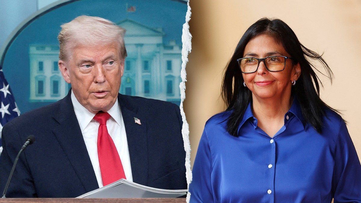 Donald Trump and Delcy Rodriguez in a split image