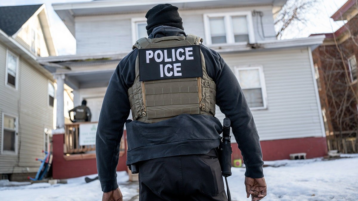 Person with "POLICE ICE" sign on their vest