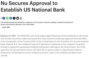 Brazil’s Nubank Wins OCC Conditional Approval for U.S. National Bank – Crypto Custody Soon?