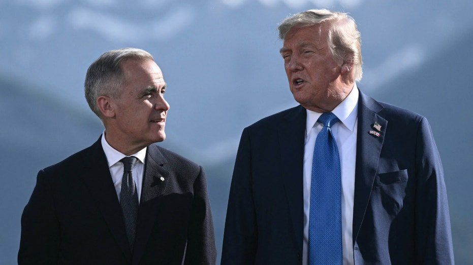 Canadian Prime Minister Mark Carney and President Trump speaking.