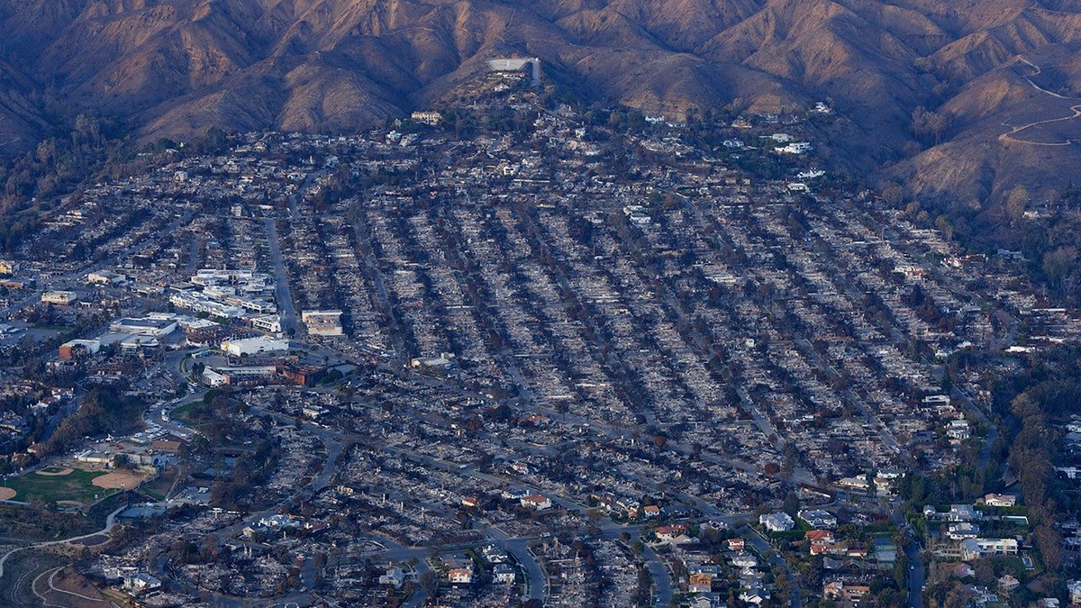 Aerial view of damage caused by the Palisades Fire