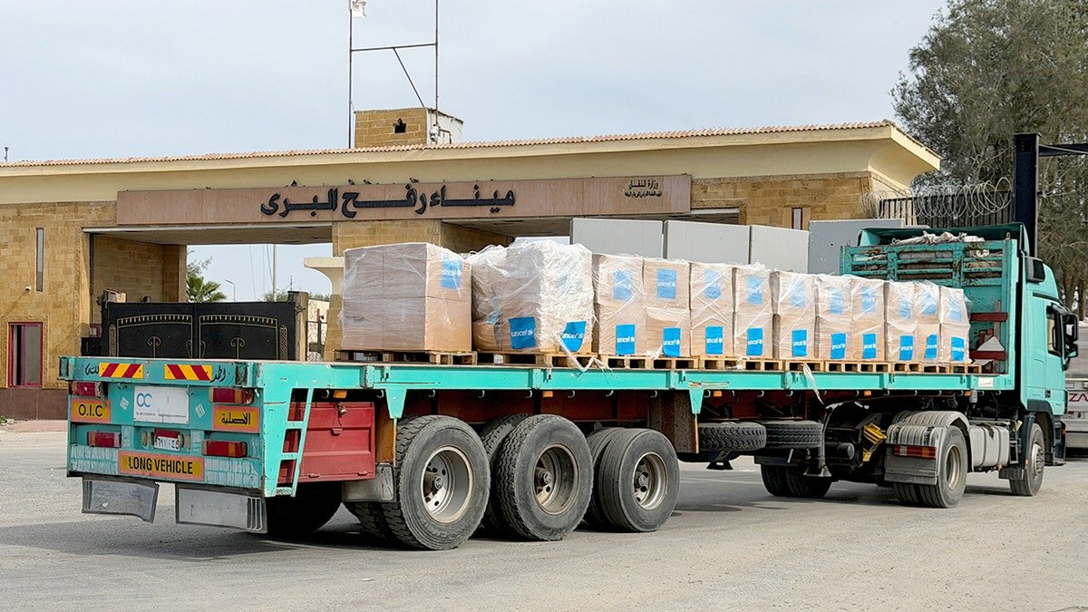 Truck with humanitarian aid is seen at Rafah border crossing between Egypt and Gaza