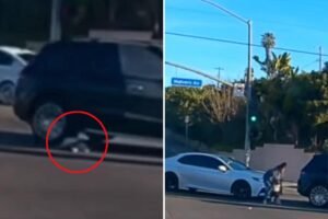 Heart-stopping moment toddler is nearly run over after falling from moving car — as viral footage leads to mother’s arrest