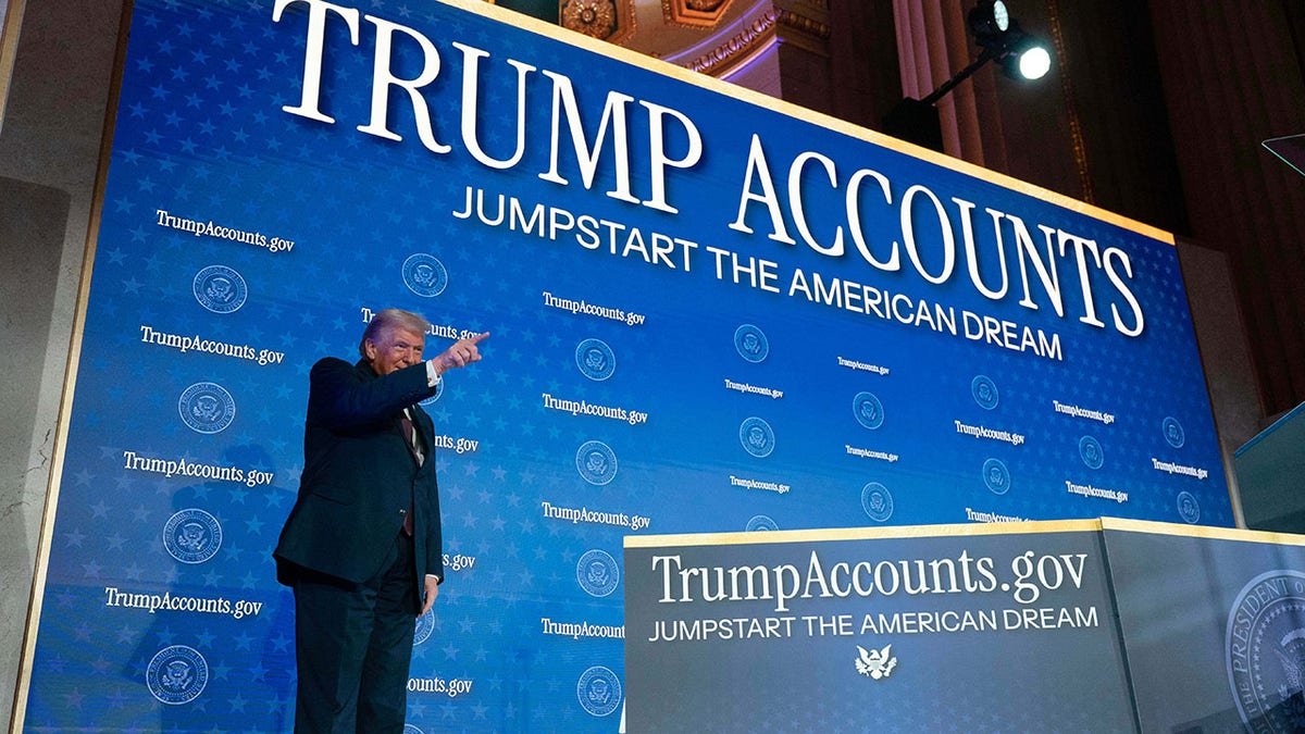 Donald Trump appears with a "Trump Accounts" sign