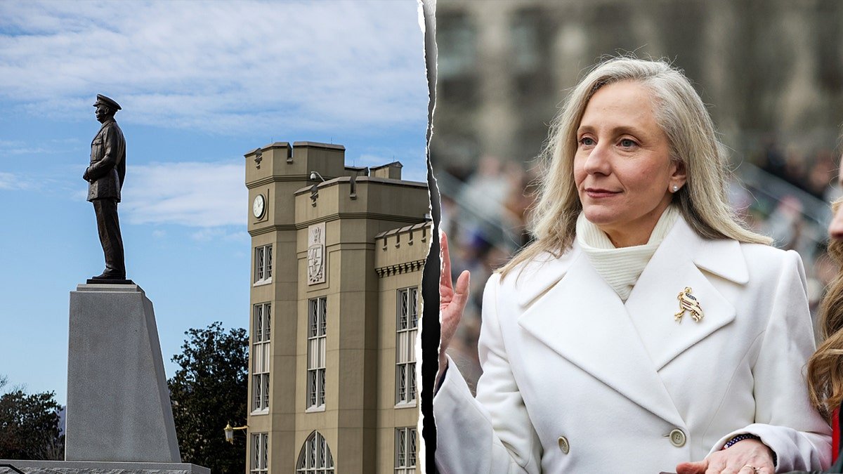Virginia Military Institute next to VA Gov. Abigail Spanberger.